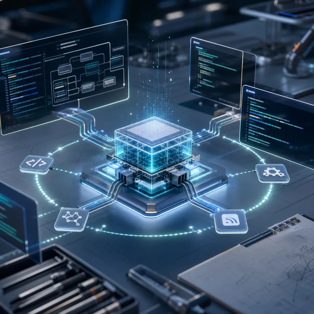 A compact inference chip connects terminal panels and tool-call paths for a coding agent API