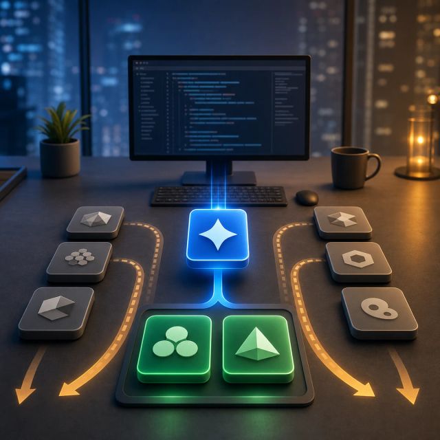 An enterprise coding workstation sorts generic AI assistant tiles into retained and outgoing tool groups