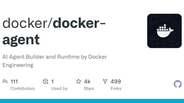 GitHub repository card for docker/docker-agent, described as an AI Agent Builder and Runtime by Docker Engineering