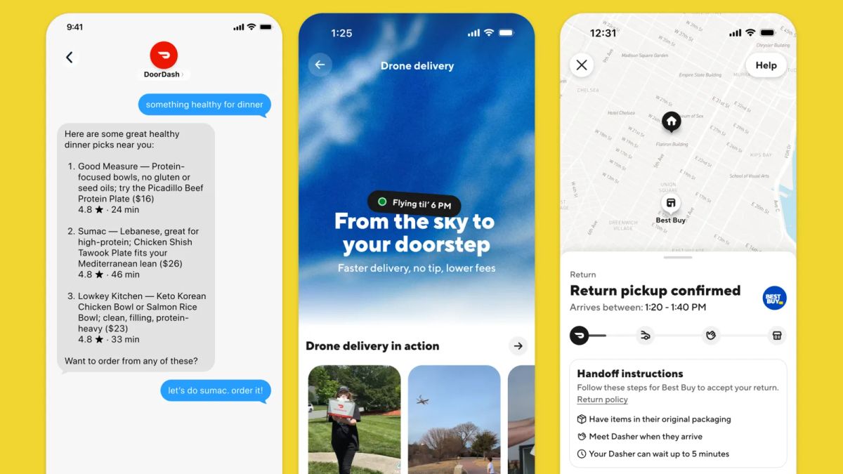 DoorDash promotional screens showing food recommendations in a message thread alongside drone delivery and return pickup