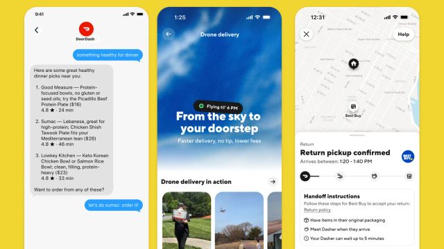 DoorDash promotional screens showing food recommendations in a message thread alongside drone delivery and return pickup
