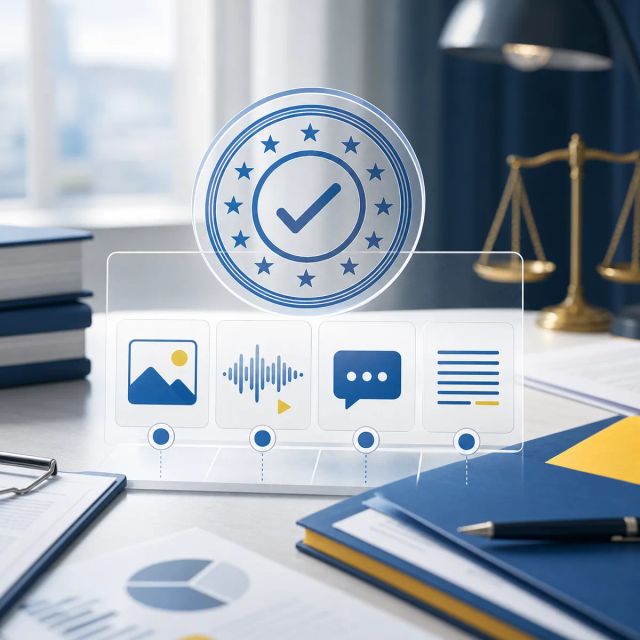 A compliance stamp hovers over synthetic content tiles and policy documents on a regulatory desk