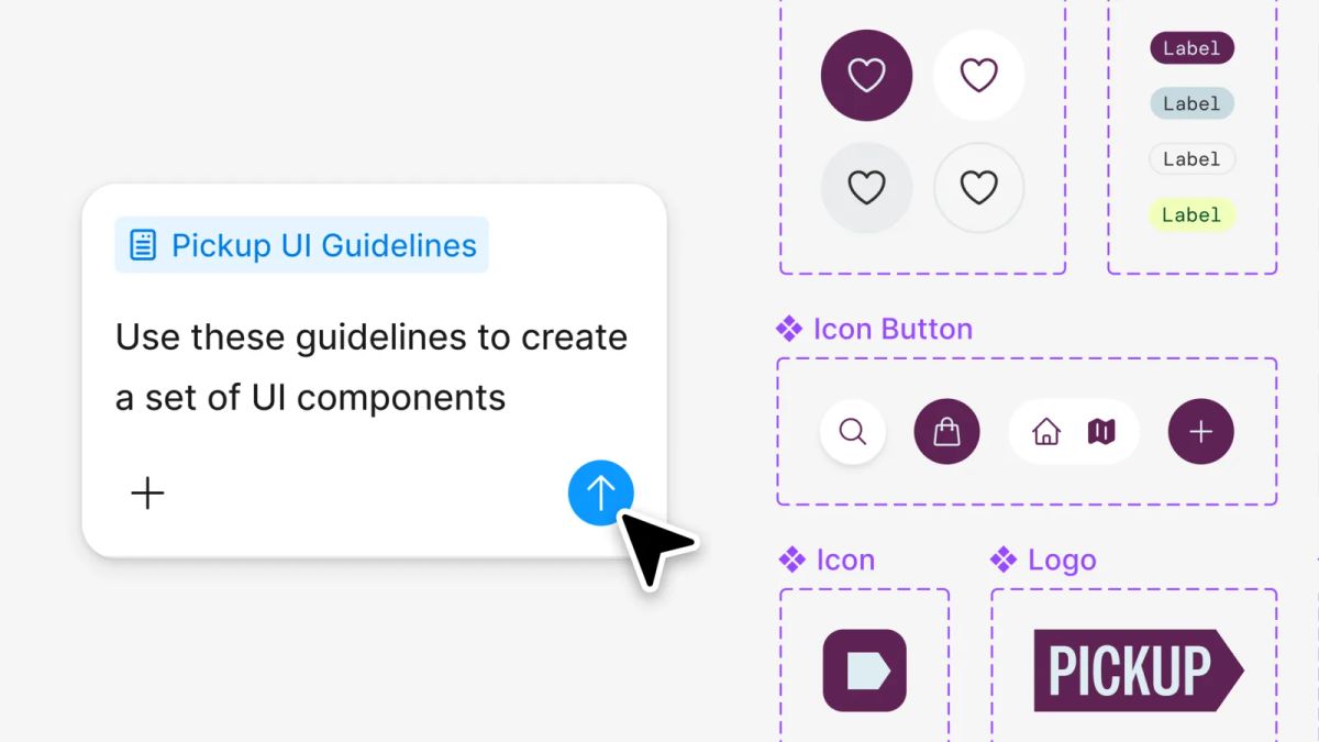 Figma canvas with a Pickup UI Guidelines prompt beside button, icon and logo components