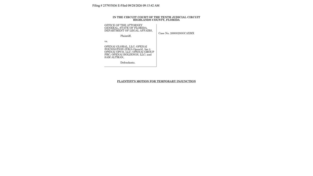 First page of Florida's motion for a temporary injunction against OpenAI