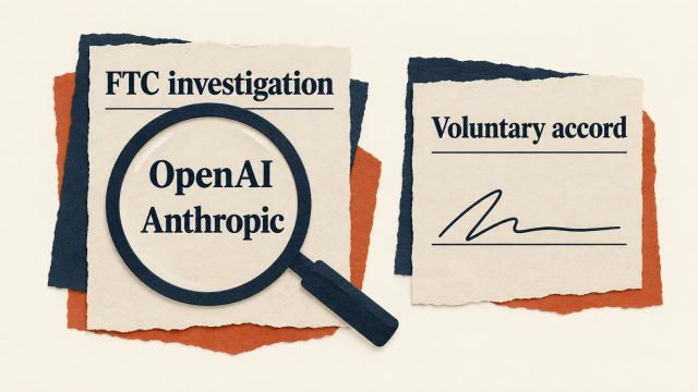 Illustrated panels place an FTC investigation into OpenAI and Anthropic beside a voluntary accord