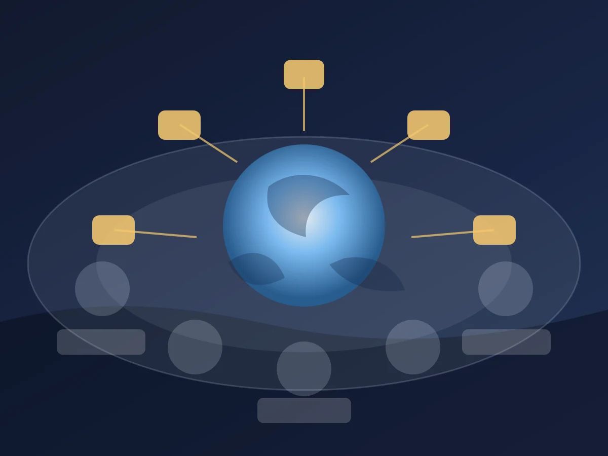 An abstract international summit table surrounding a shared AI infrastructure map and secure model-access tokens