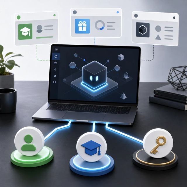 A desktop agent workspace on a laptop branches into free, education, and key-based access paths