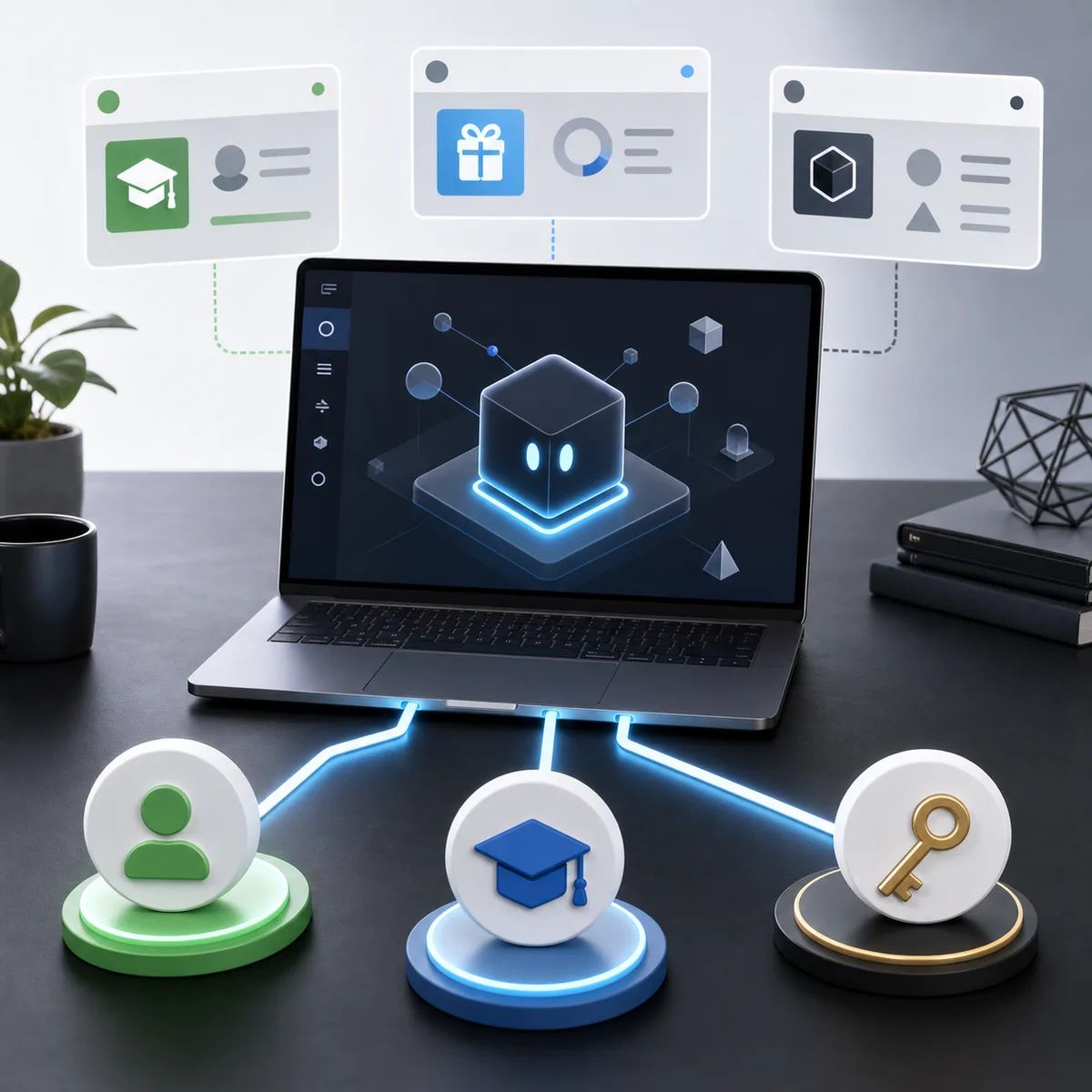 A desktop agent workspace on a laptop branches into free, education, and key-based access paths