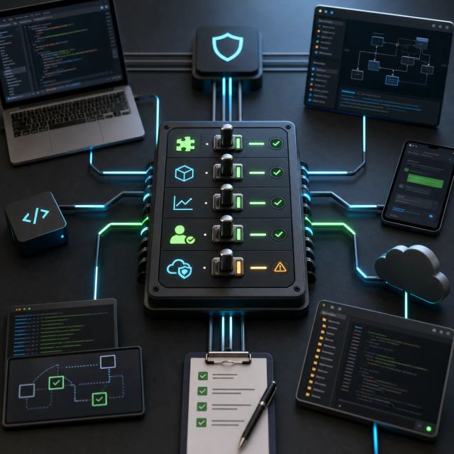Enterprise Copilot clients connect to a central managed-settings control panel for plugins, models, telemetry, and approvals