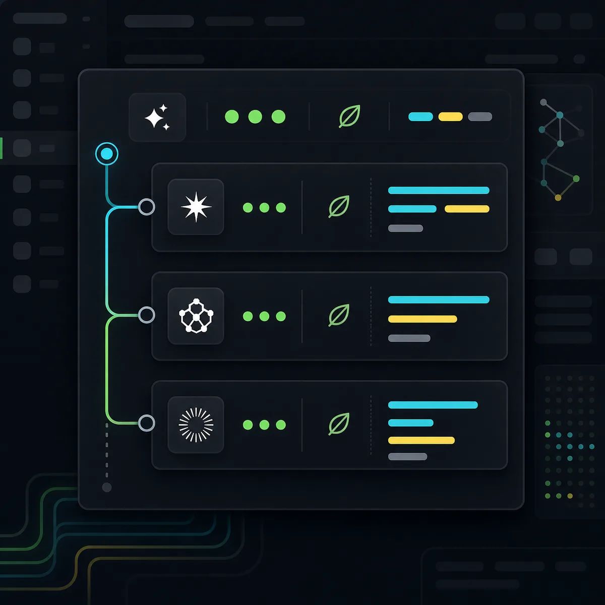 A developer workbench shows completed agent requests with model labels, credit meters, cache indicators, and session branches