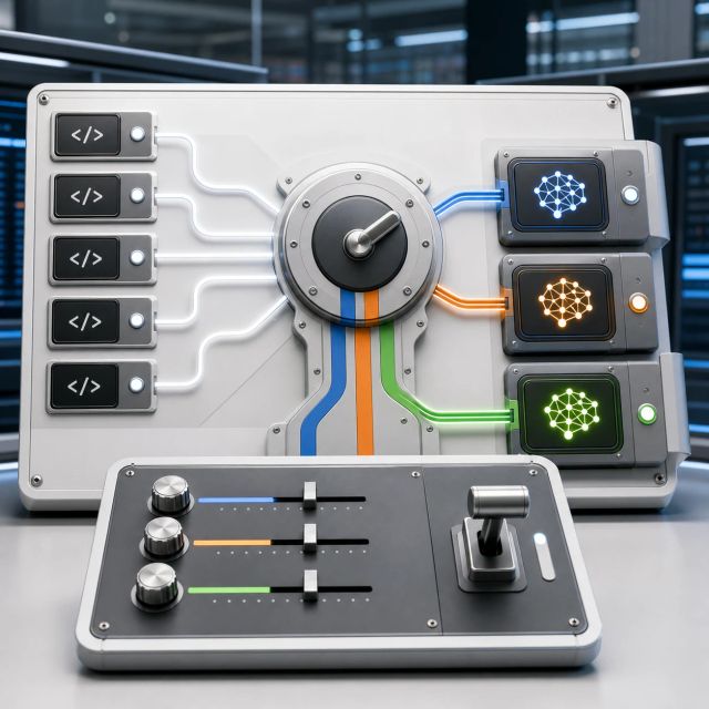 A routing switchboard sends coding tasks into different model lanes from an admin control plate