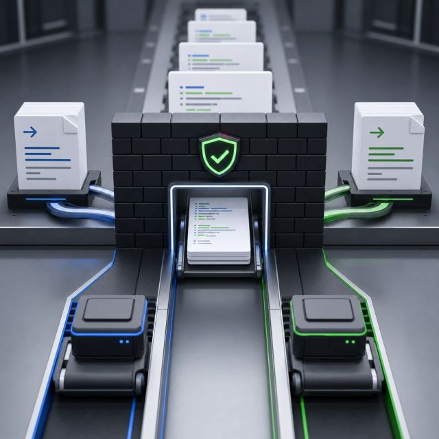 A pull request moves through a firewall gate with separate runner tracks and review instructions