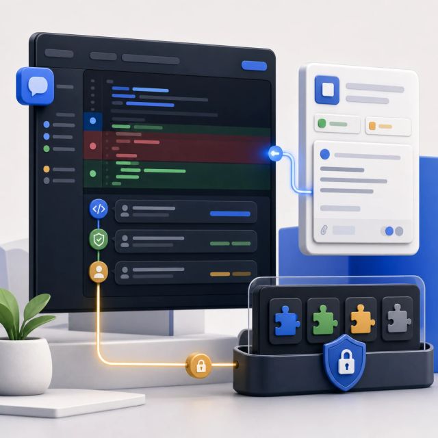 A pull request review panel connects to Jira cards and a guarded plugin marketplace
