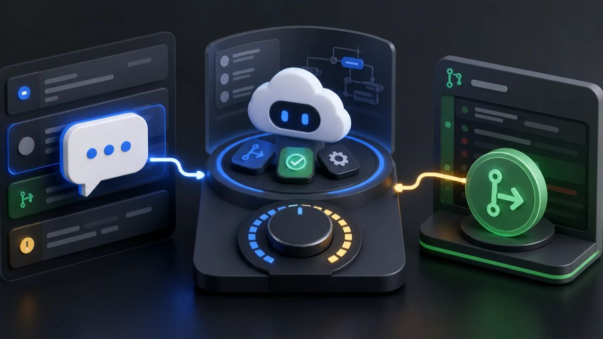 A comment trigger, reasoning dial, and pull request checkpoint connect through a cloud agent workspace