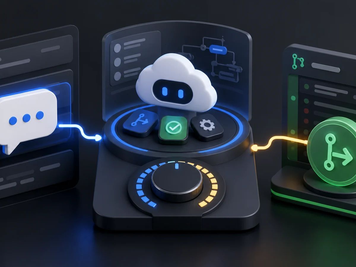 A comment trigger, reasoning dial, and pull request checkpoint connect through a cloud agent workspace