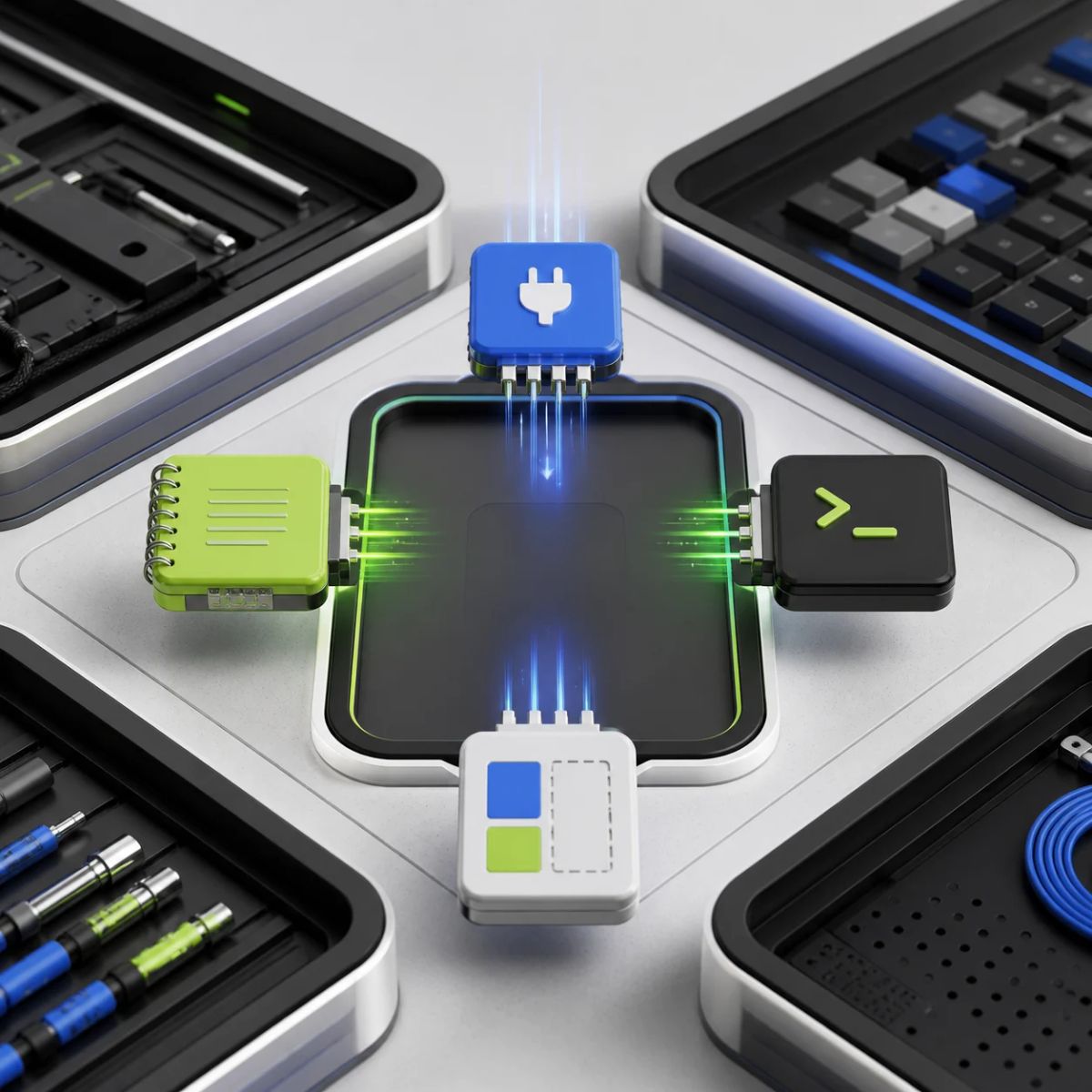 Four developer-tool modules connecting into a central customization tray