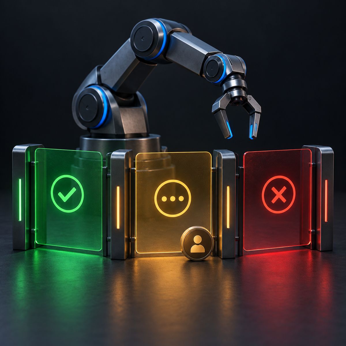 A modular tool arm stands behind green, amber, and red translucent permission gates
