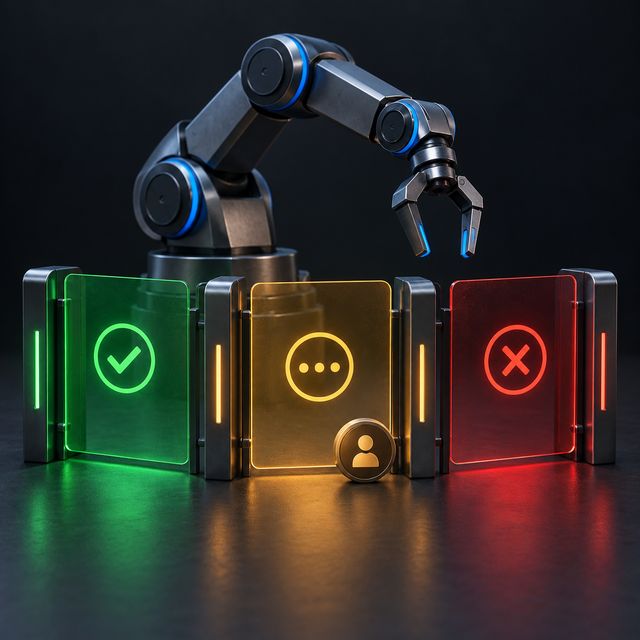 A modular tool arm stands behind green, amber, and red translucent permission gates
