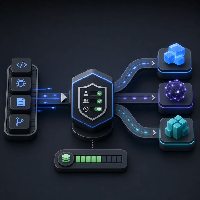 Developer tasks pass through a policy gate into several abstract model routing lanes with a cost meter below