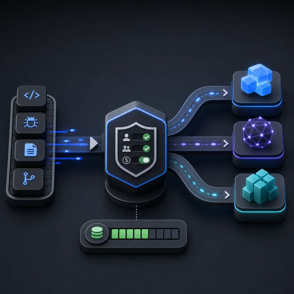 Developer tasks pass through a policy gate into several abstract model routing lanes with a cost meter below