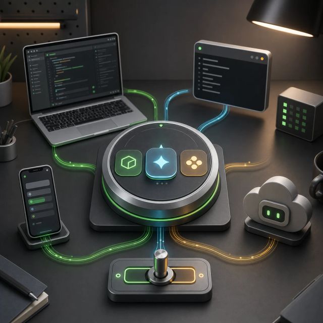 A model selector dial routes three model chips to laptop, terminal, cloud agent, and mobile coding surfaces