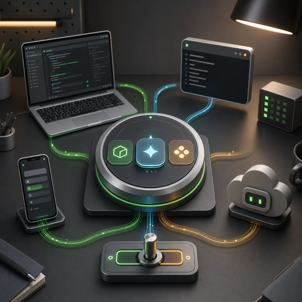 A model selector dial routes three model chips to laptop, terminal, cloud agent, and mobile coding surfaces