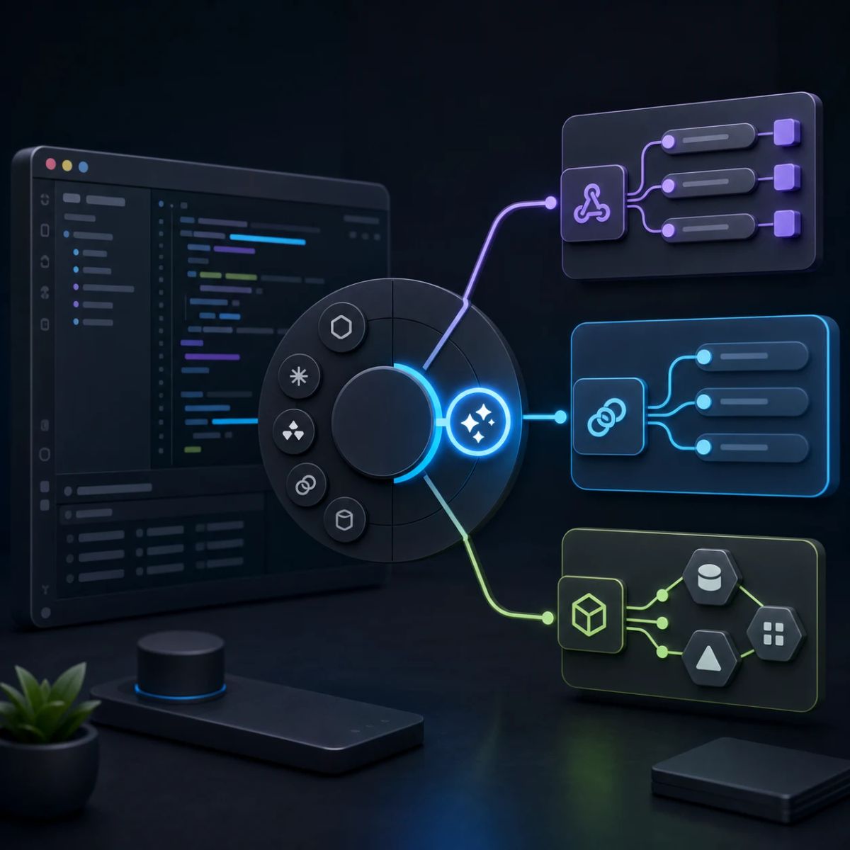 A JetBrains-style coding workspace lets a user choose between agent providers, hooks, and MCP tools