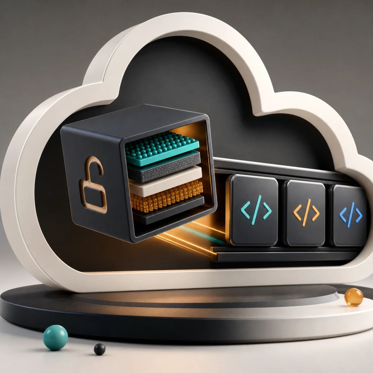 An open model block enters a coding model picker rail inside a cloud frame