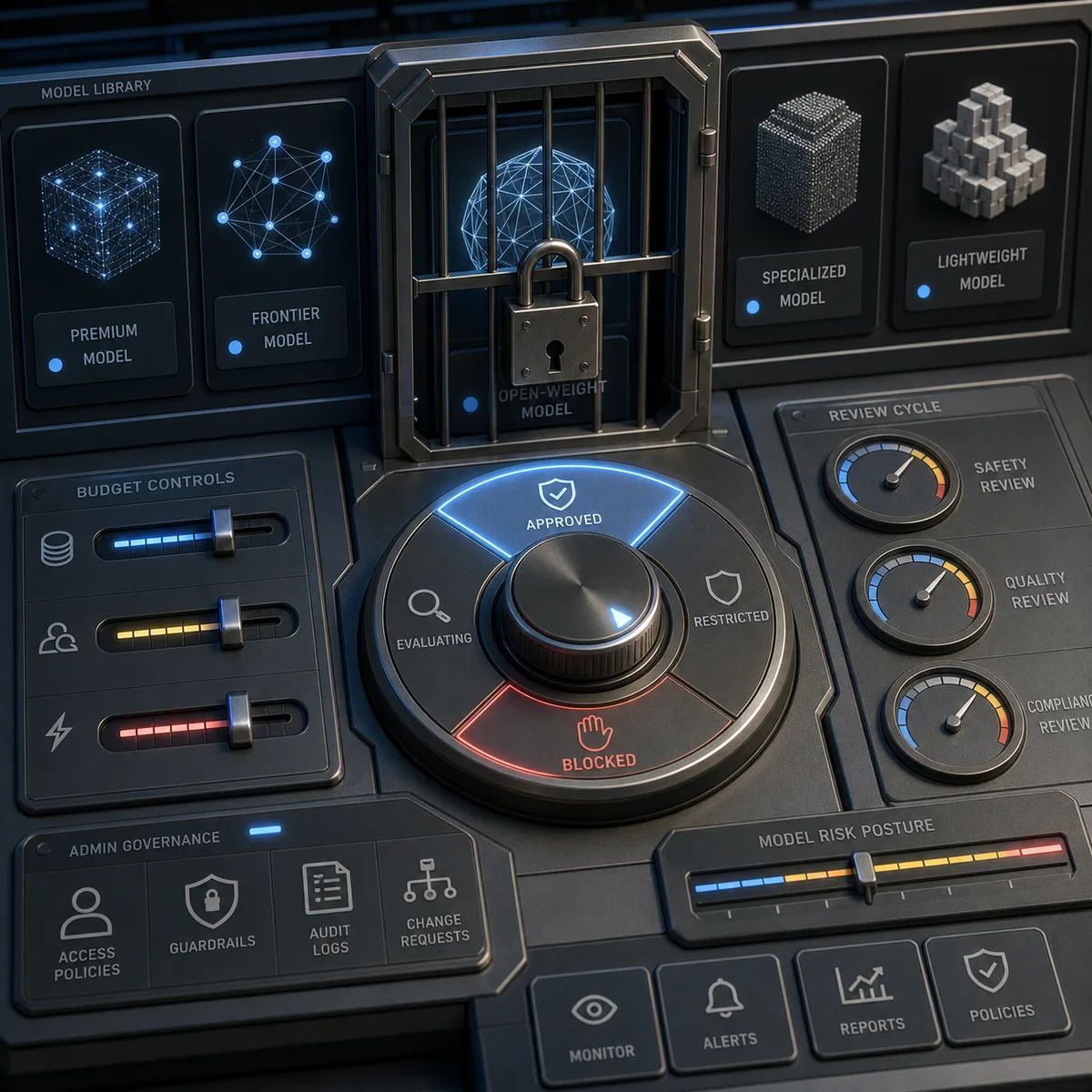 A model-selection dial sits behind an admin lock beside budget sliders and review-cycle gauges