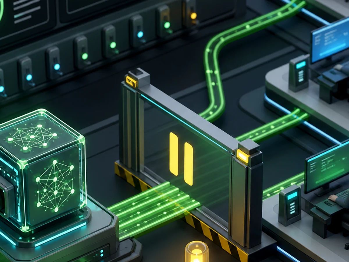 A coding model switchboard routes an open-weight model through policy gates and an incident pause marker