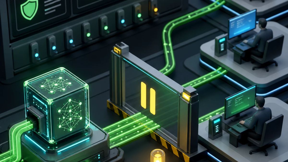 A coding model switchboard routes an open-weight model through policy gates and an incident pause marker
