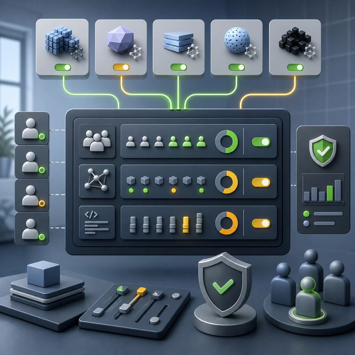 An enterprise AI coding policy panel routes model access, billing seats, and review controls