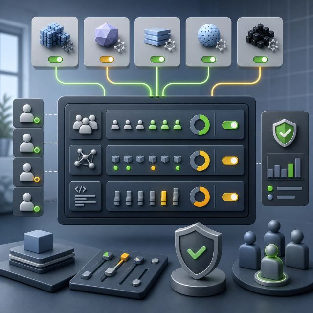 An enterprise AI coding policy panel routes model access, billing seats, and review controls