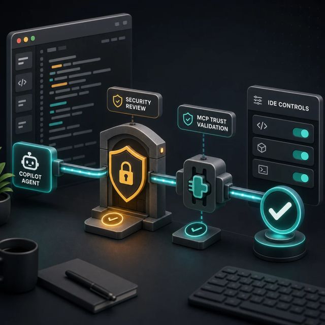 A coding workspace routes Copilot changes through a shield, MCP trust check, and IDE policy panel