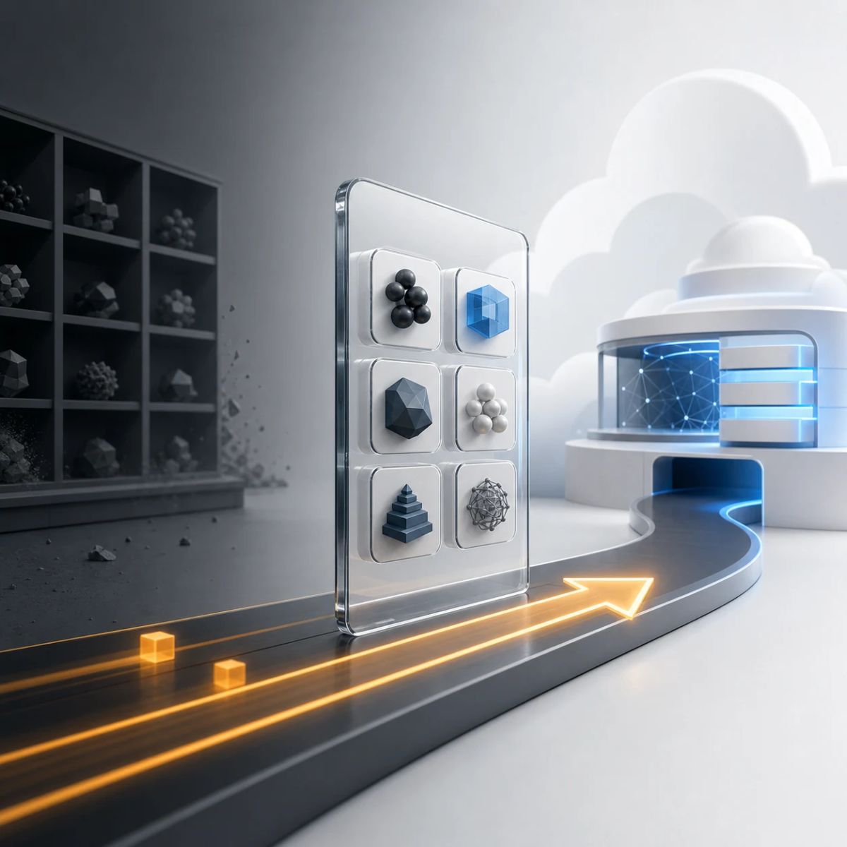 A glass model catalog panel moves from a dark retiring shelf toward a cloud model hub along a bright migration path