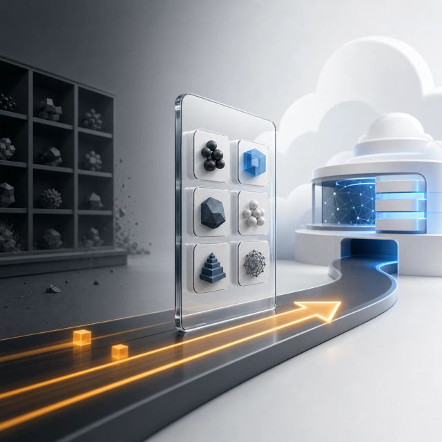 A glass model catalog panel moves from a dark retiring shelf toward a cloud model hub along a bright migration path