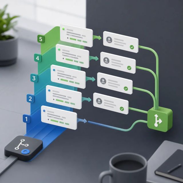 Layered pull request cards rise from one branch into separate review panels before merging