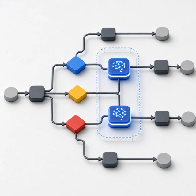 A controlled workflow graph routes tasks through two glowing AI reasoning nodes
