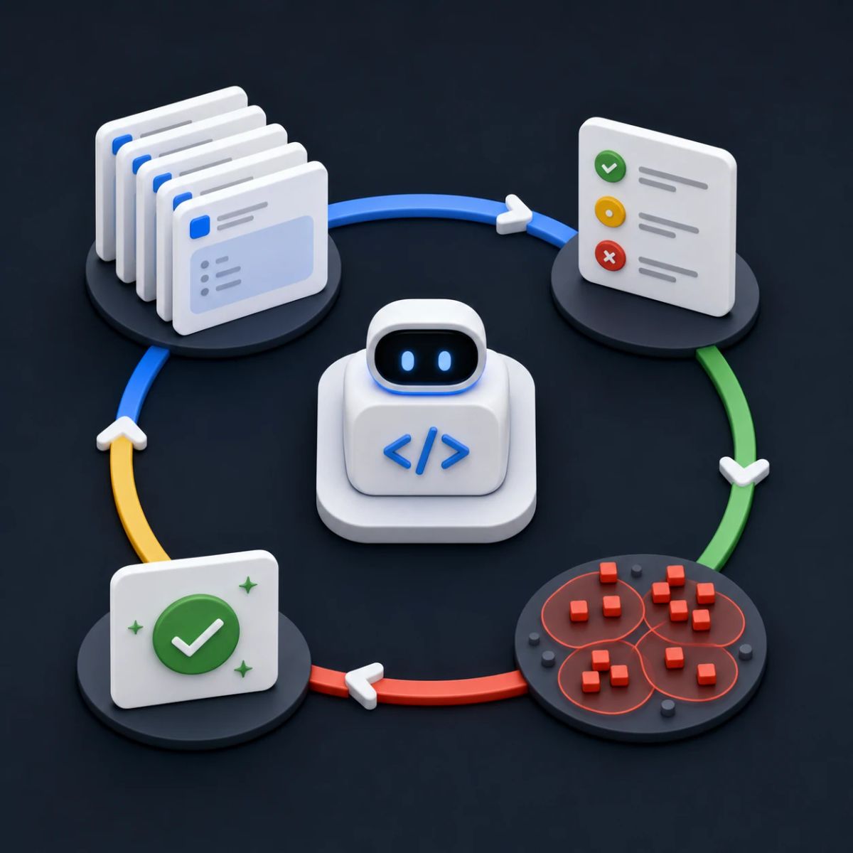 A coding agent workflow loops through traces, grading, failure clusters, and approved fixes