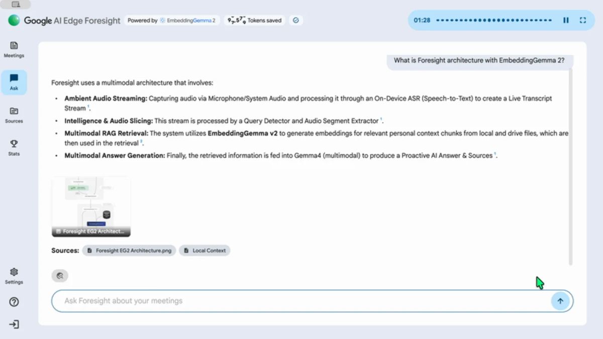 Google AI Edge Foresight answering a question about its architecture, with source citations below the answer