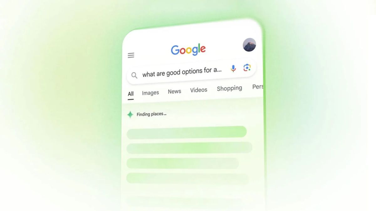 Google's Search launch graphic shows a mobile search page with green answer-loading bars