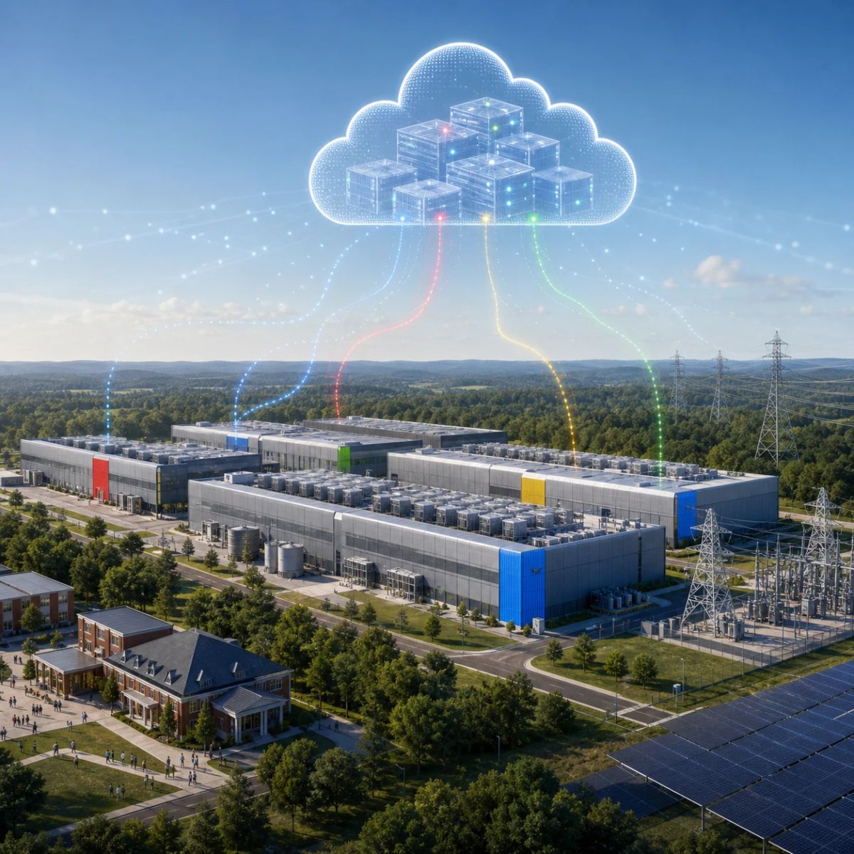 A modern data-center campus connected to power lines and abstract cloud compute blocks in a green landscape