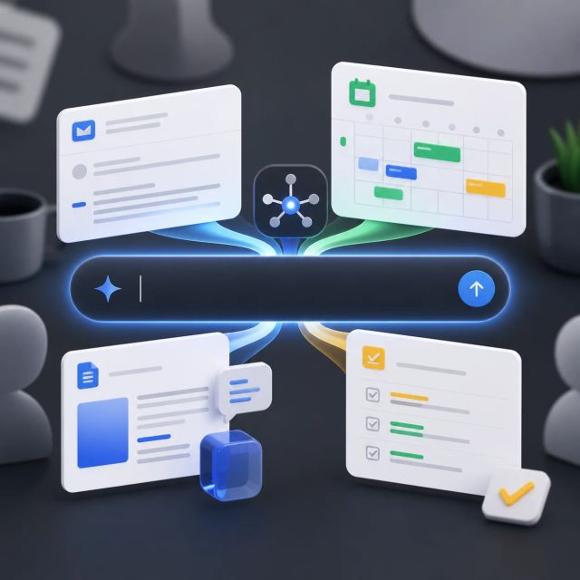 Email, calendar, document, and task cards converge into one AI command bar
