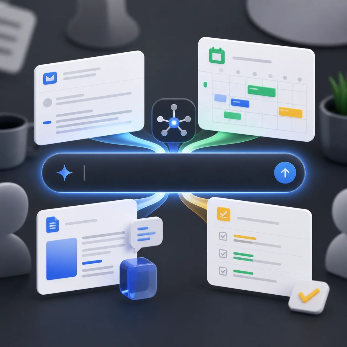 Email, calendar, document, and task cards converge into one AI command bar