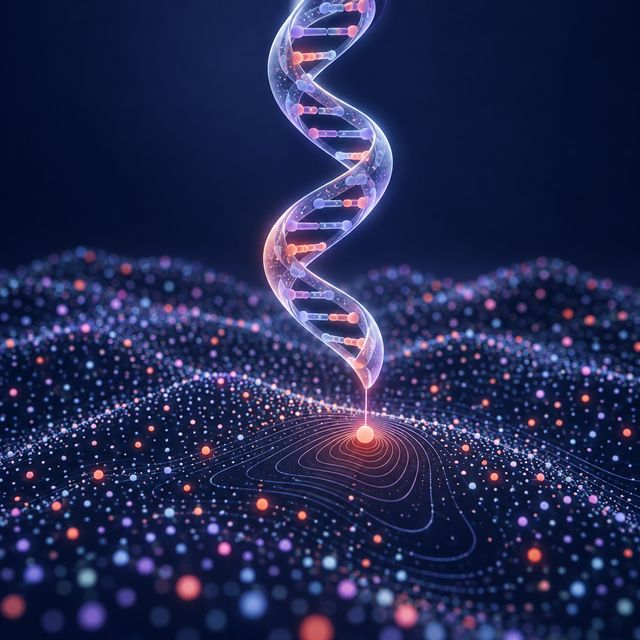 A luminous DNA helix rises from a field of colored variant points with one point highlighted