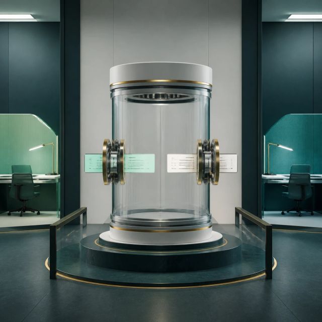 A sealed evaluation chamber between a model owner and benchmark team with encrypted scorecards passing through