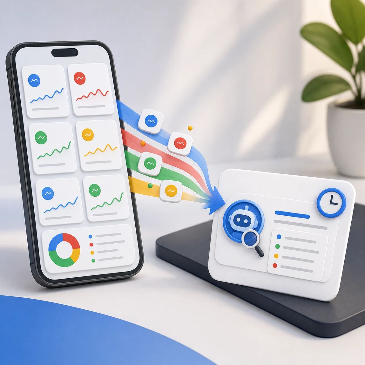 A phone portfolio board flows into an AI market briefing card with a schedule cue