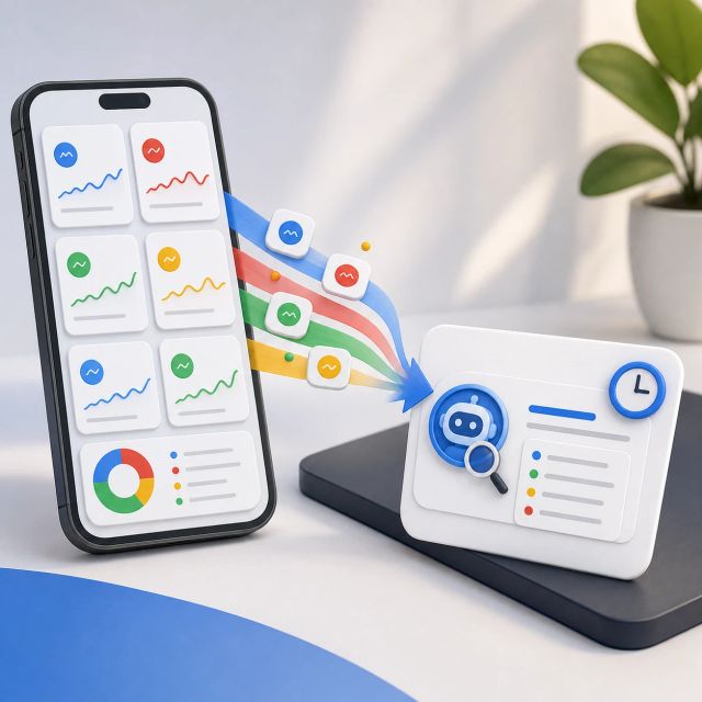 A phone portfolio board flows into an AI market briefing card with a schedule cue