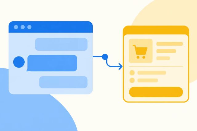 Illustration of a blue chat panel leading to a yellow shopping checkout card