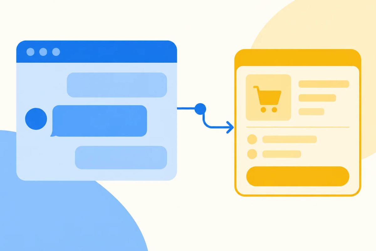 Illustration of a blue chat panel leading to a yellow shopping checkout card